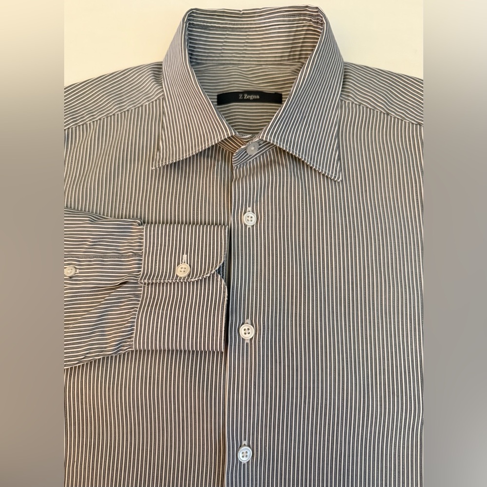 Z ZEGNA Shirt Mens 42 16.5 Gray White Textured Stripe Ermenegildo Italy Cotton